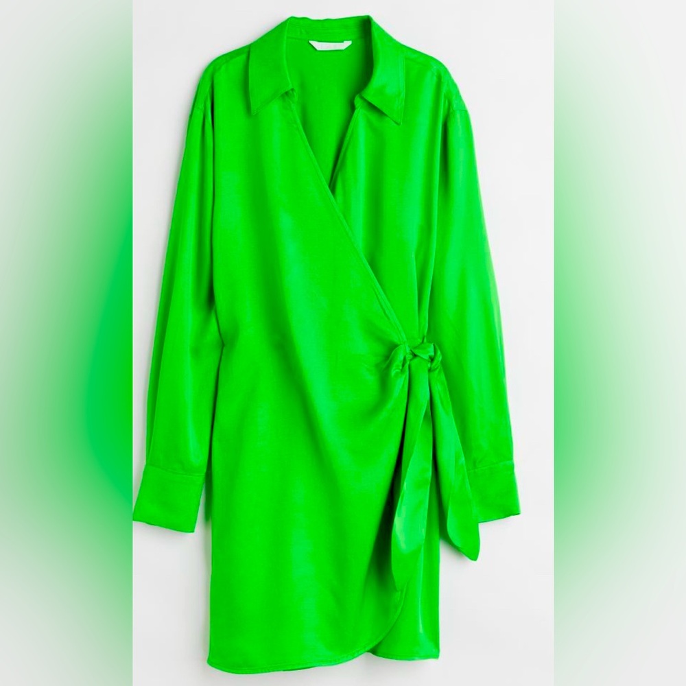 H & M satin wrapover shirt dress in lime green